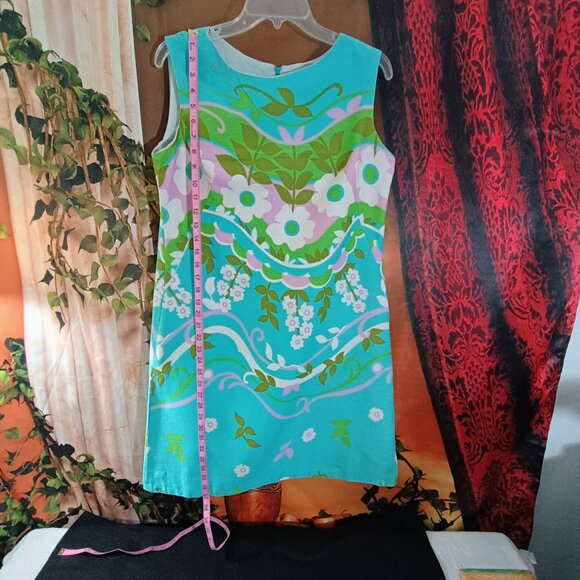 GUC: Vintage 60s Alex Colman Blue Mod Floral Shift Dress Size see desc - Picture 6 of 9